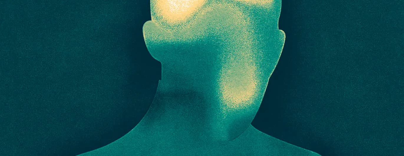 Illustration: a calm figure in teal tones, with warm light on the face